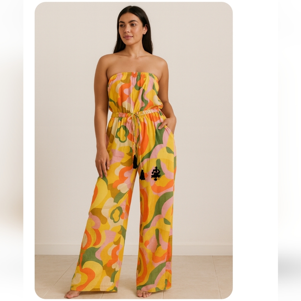 True Destination Strapless  Retro‎ Floral Print Wide-Leg Jumpsuit size Small new